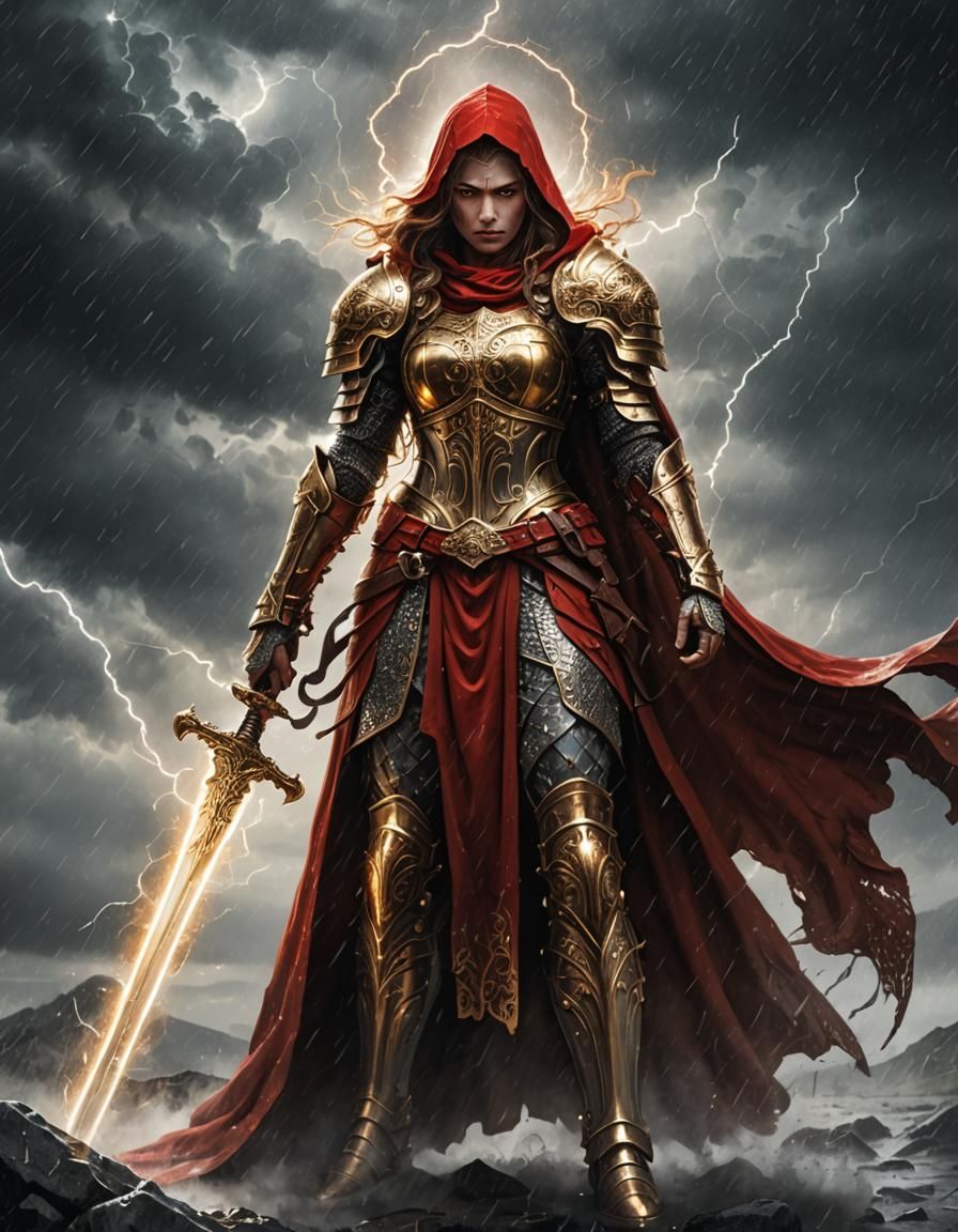 Epic Medieval Red Armored Female Warrior