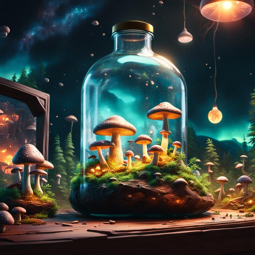 Mushroom Village in a Bottle Digital Painting