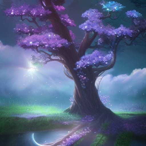 Glittering Floral Tree Under Astral Sunlight, Fantasy Art
