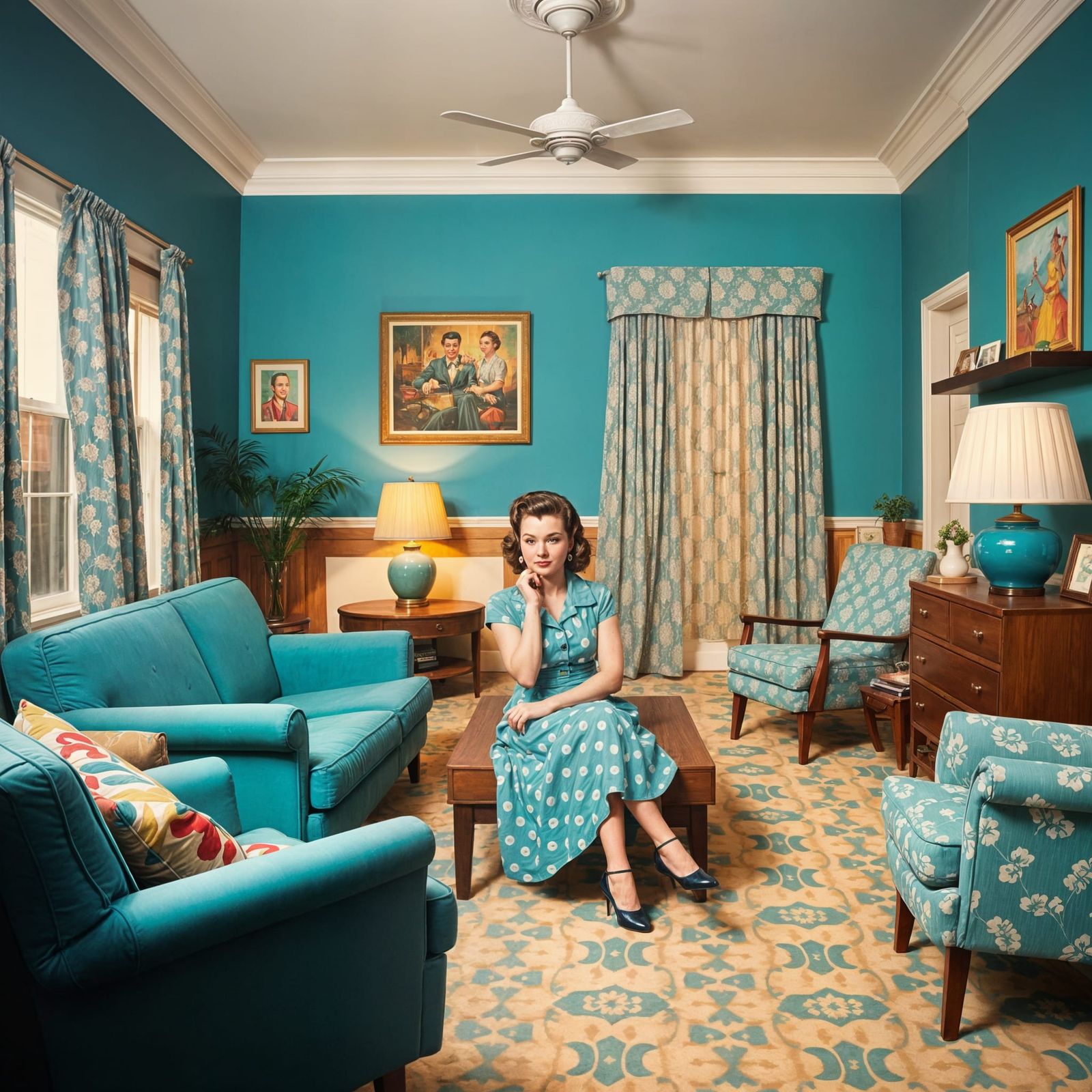 1950s Living Room in Blue and Teal