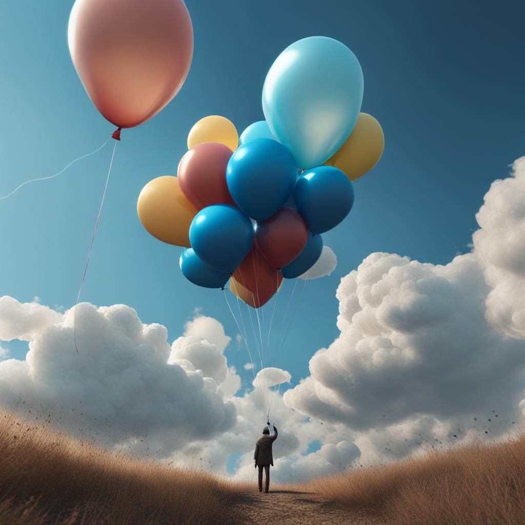 Colorful Balloons in Cloudy Sky: Digital Art