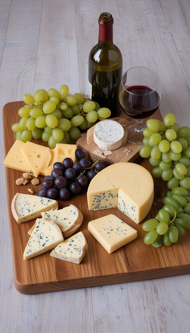 Rustic Cheese Platter with Grapes on Wooden Table