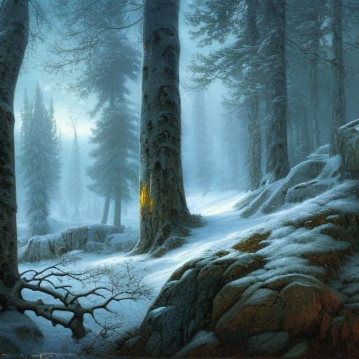 Winter Forest Landscape in Detailed Digital Painting Style