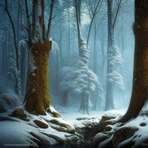 Winter Forest Landscape with Stones, Digital Painting