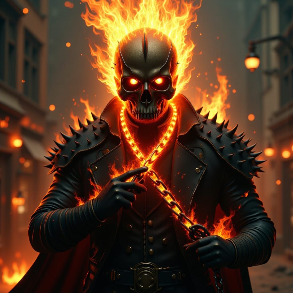 Flaming Skull Soldier in Sci-Fi Cityscape