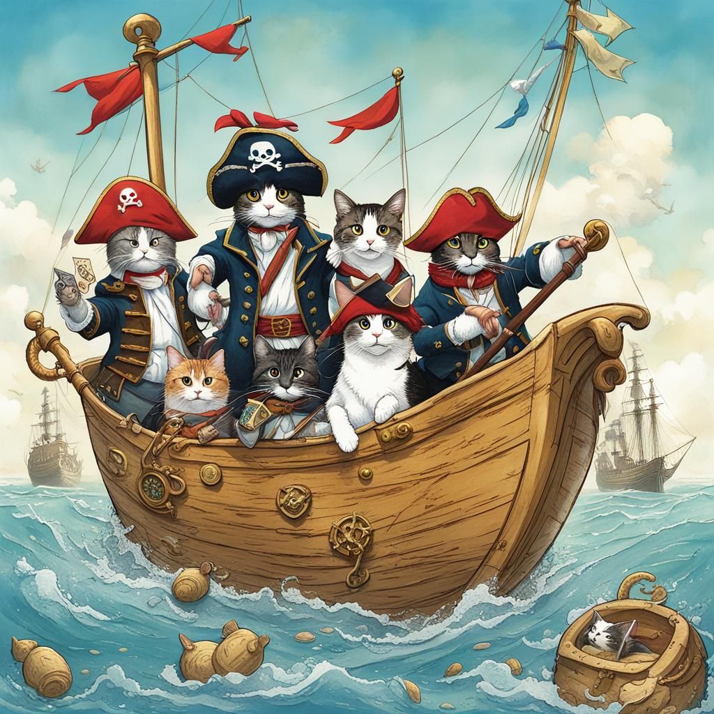 Pirate Cats Sailing to Golden Croquettes in Pixar Style