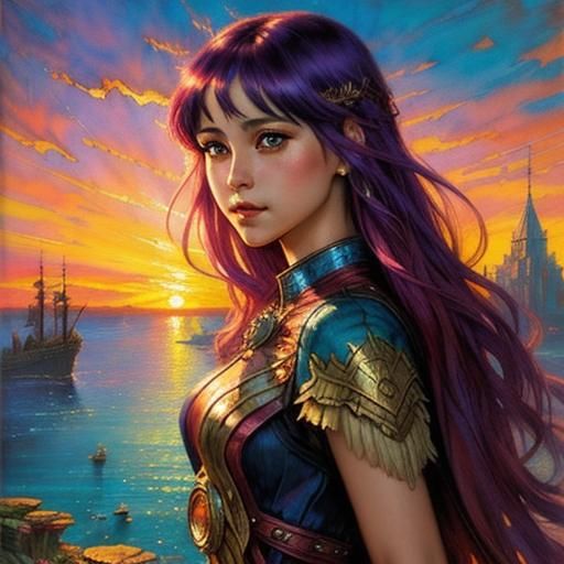 Fantasycore Sunset Bay in Watercolor Style