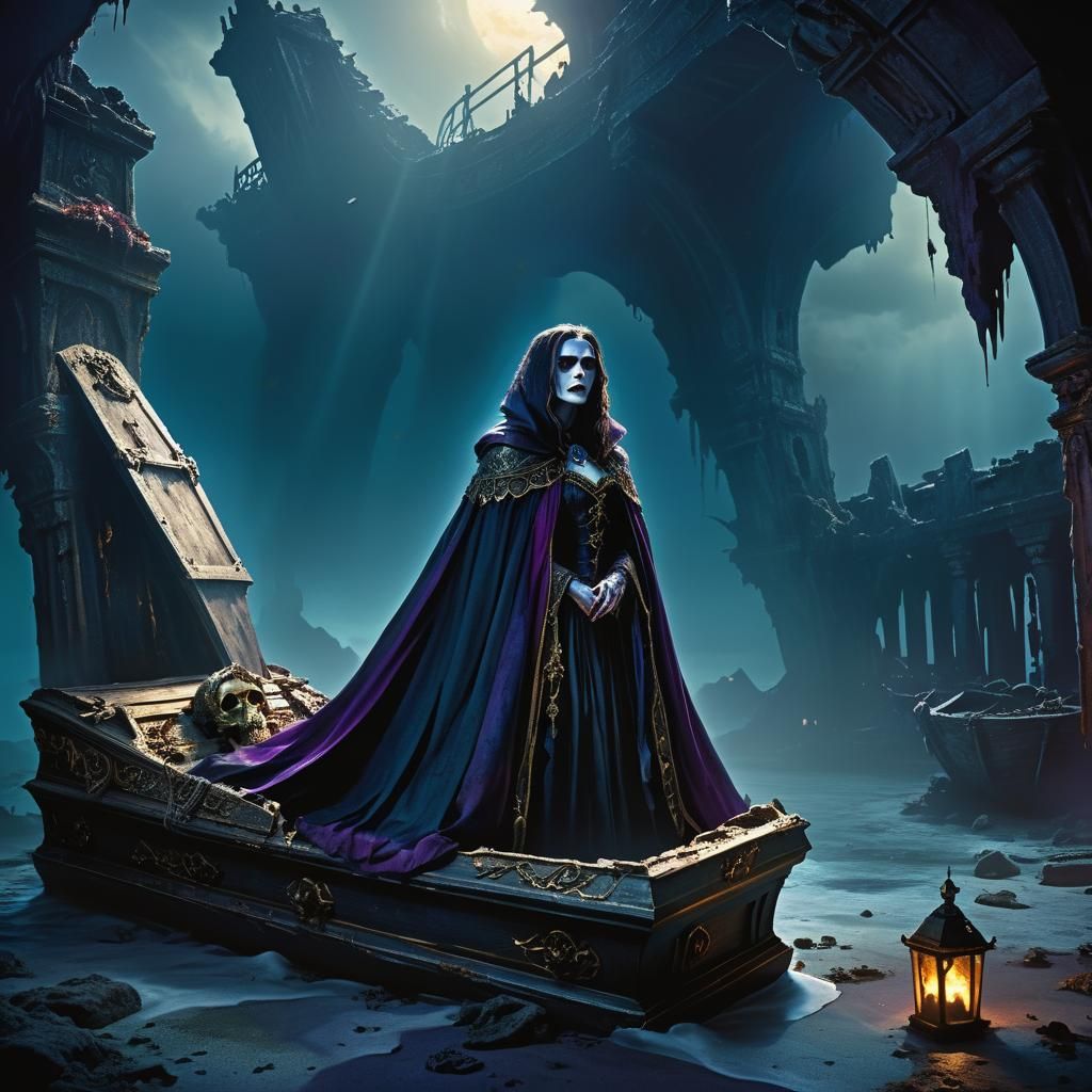 Vampire Queen Emerges from Coffin on Ocean Floor