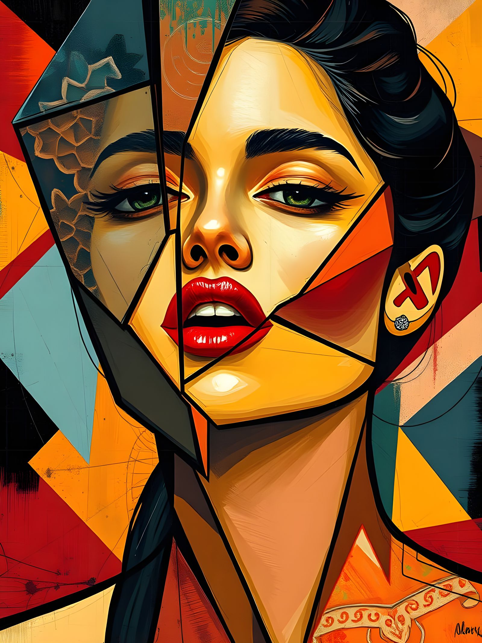 Passionate Cubist Lips in Neo-Cubism Style