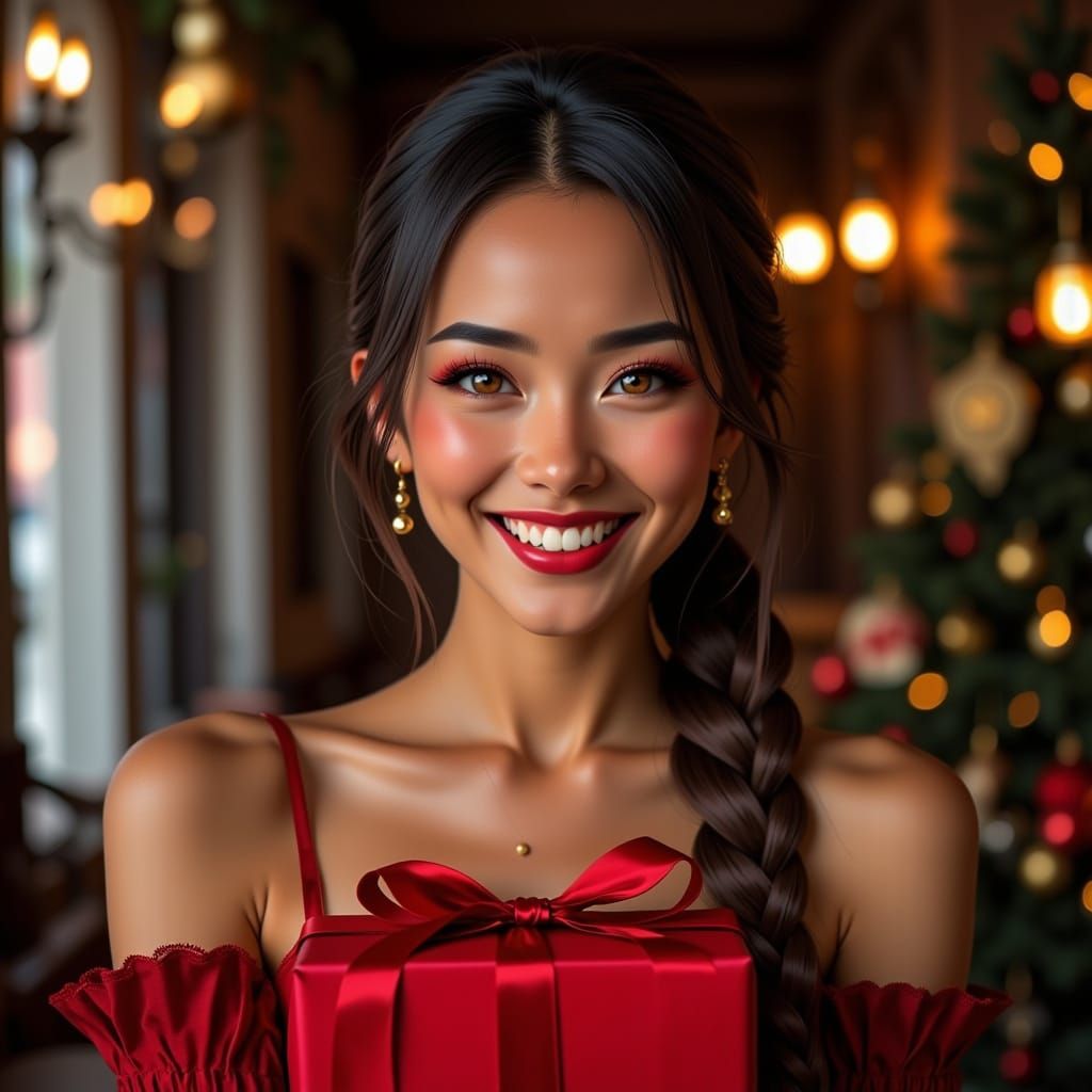 Playful Woman in Red Dress with Gift for Christmas Card Phot...