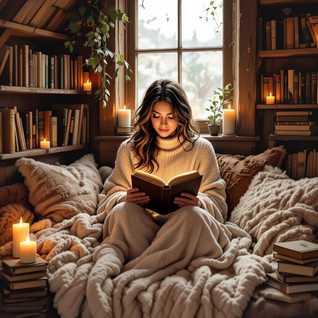Cozy Hygge Reading Nook, Earthy Tones