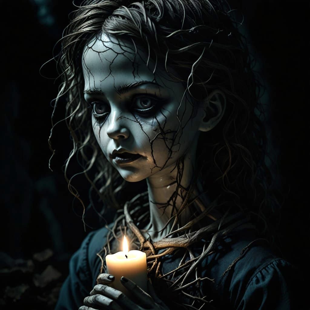 Dark Gothic Horror Doll in a Haunting Nightmare Scene