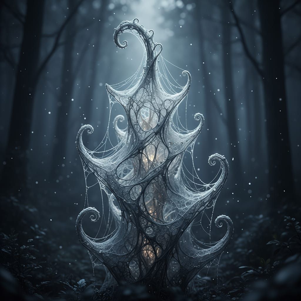 Moonlit Spider Web Sculpture in Misty Forest