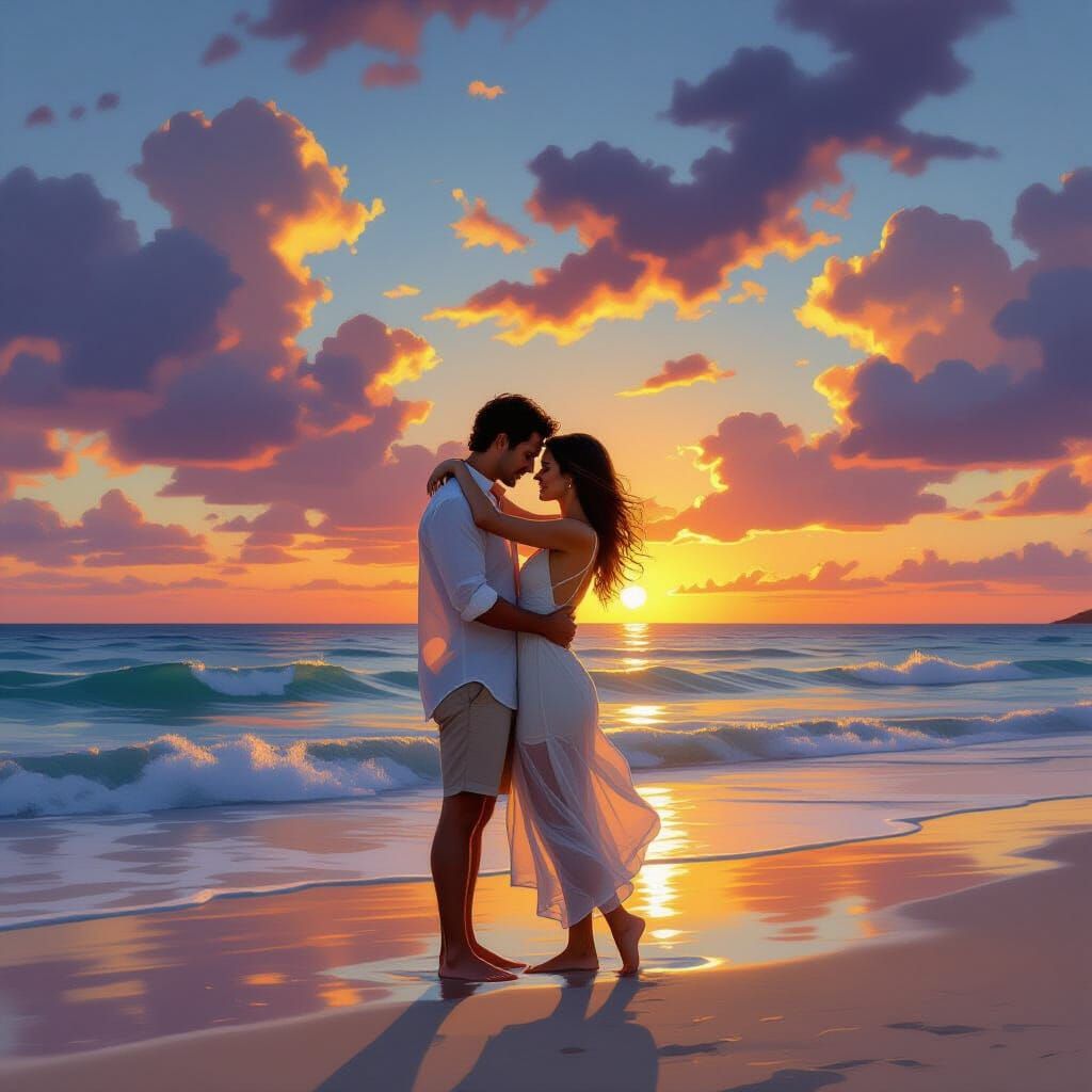 Romantic Beach Sunset in Photorealistic Style