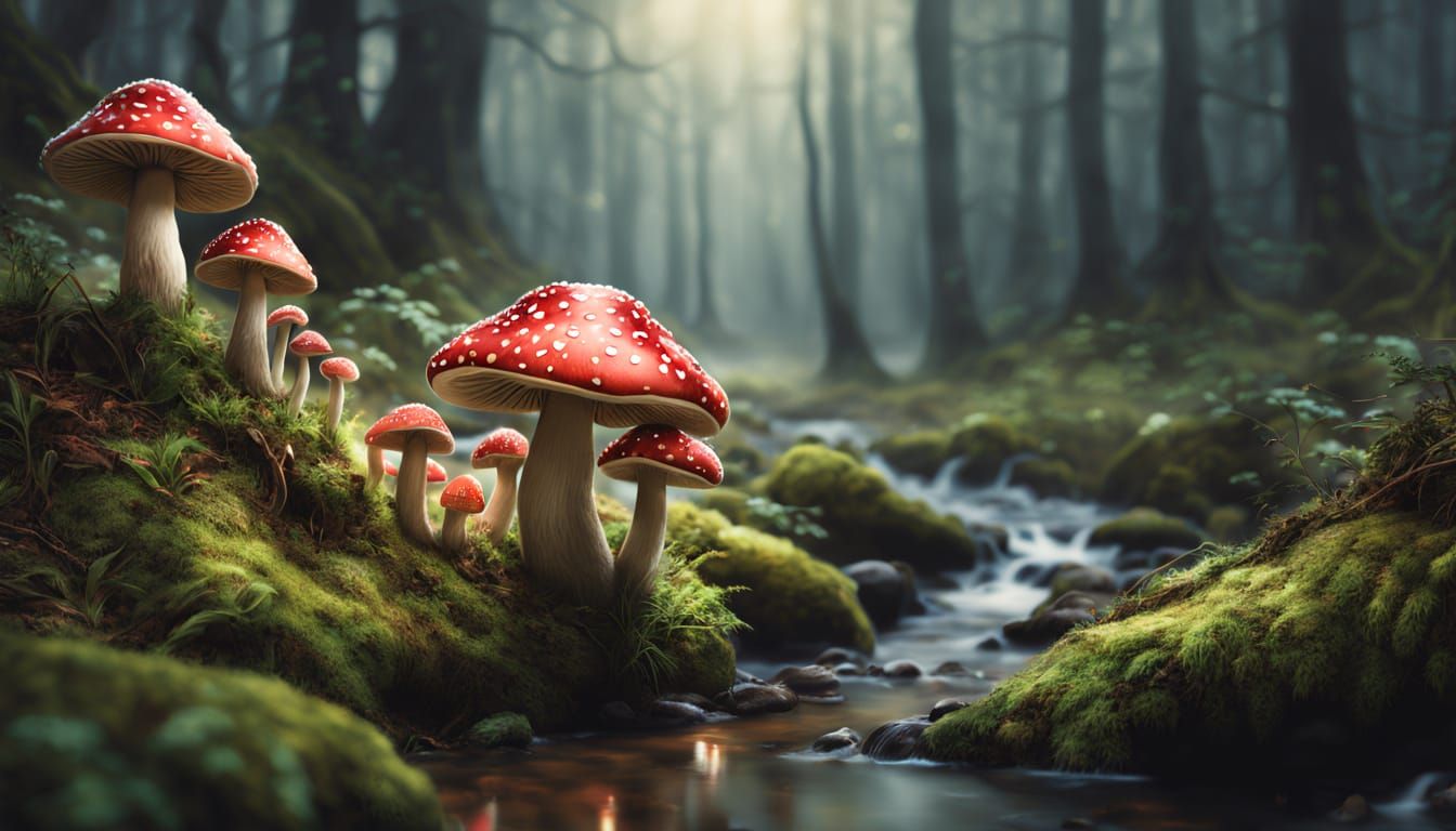 Bioluminescent Toadstools by Enchanted Forest Stream