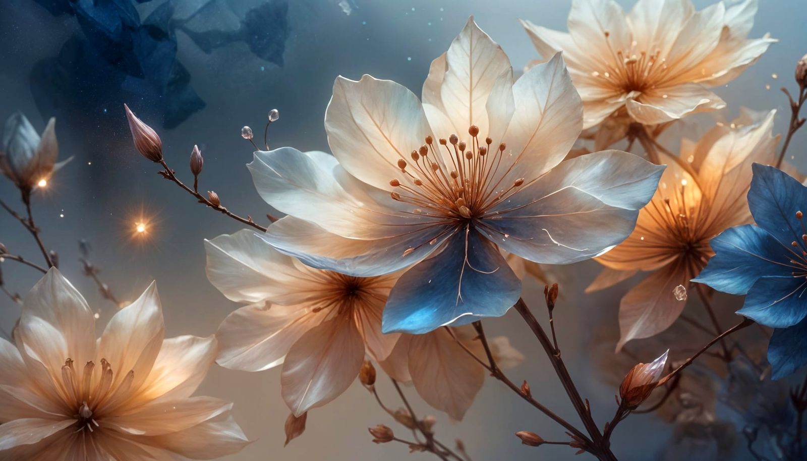 Ethereal Crystal Blue Blossom in Sfumato Style