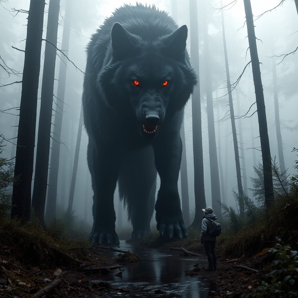 Giant Black Wolf in Misty Forest