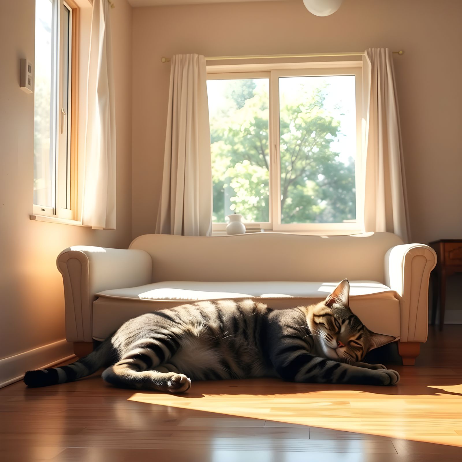 Mid-Century Modern Living Room with Giant Tabby Cat