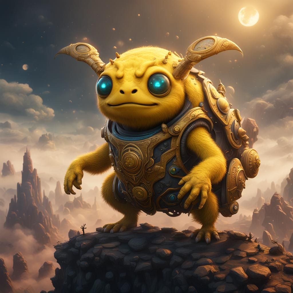 Friendly Yellow Creature in Illuminated Clouds