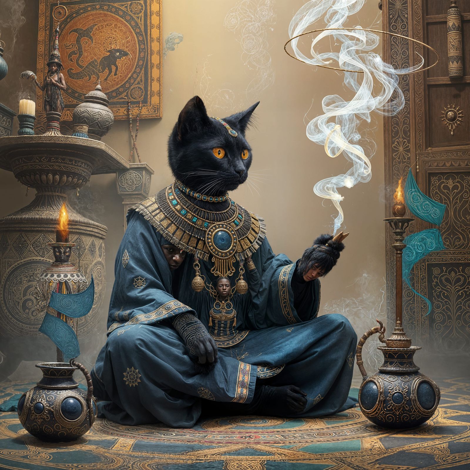 Afrofuturist Yoruba Cat Oracle in Basquiat Style