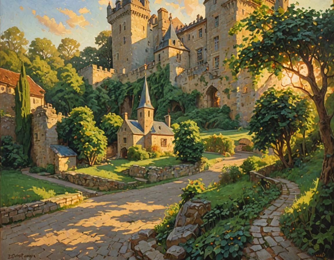 Chateau Entrance in Impressionist Oil Painting Style