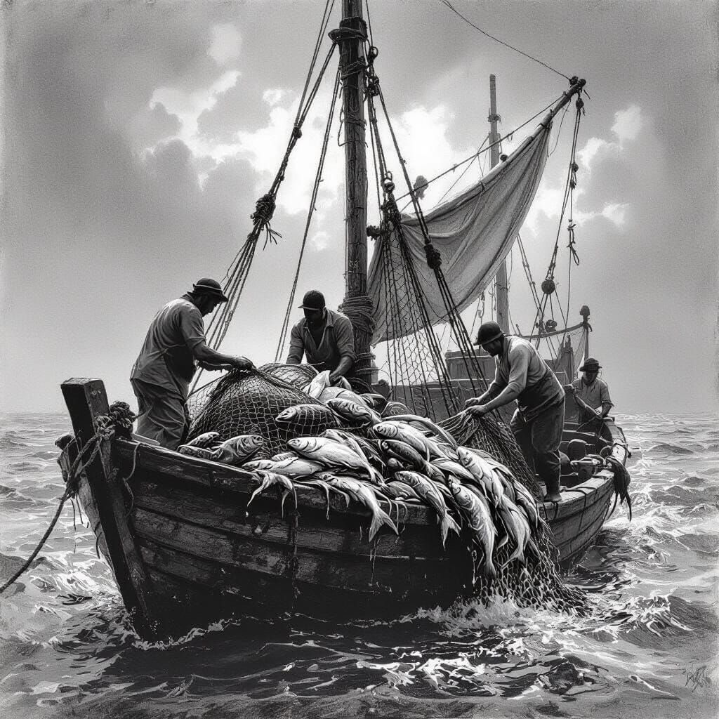 Fishermen Hauling Fish Nets in Charcoal Style