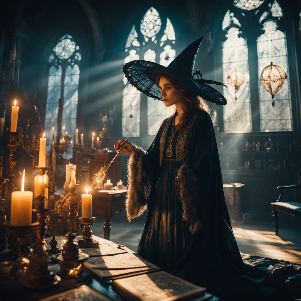 Witch Crafts Healing Potion in Ornate Chamber