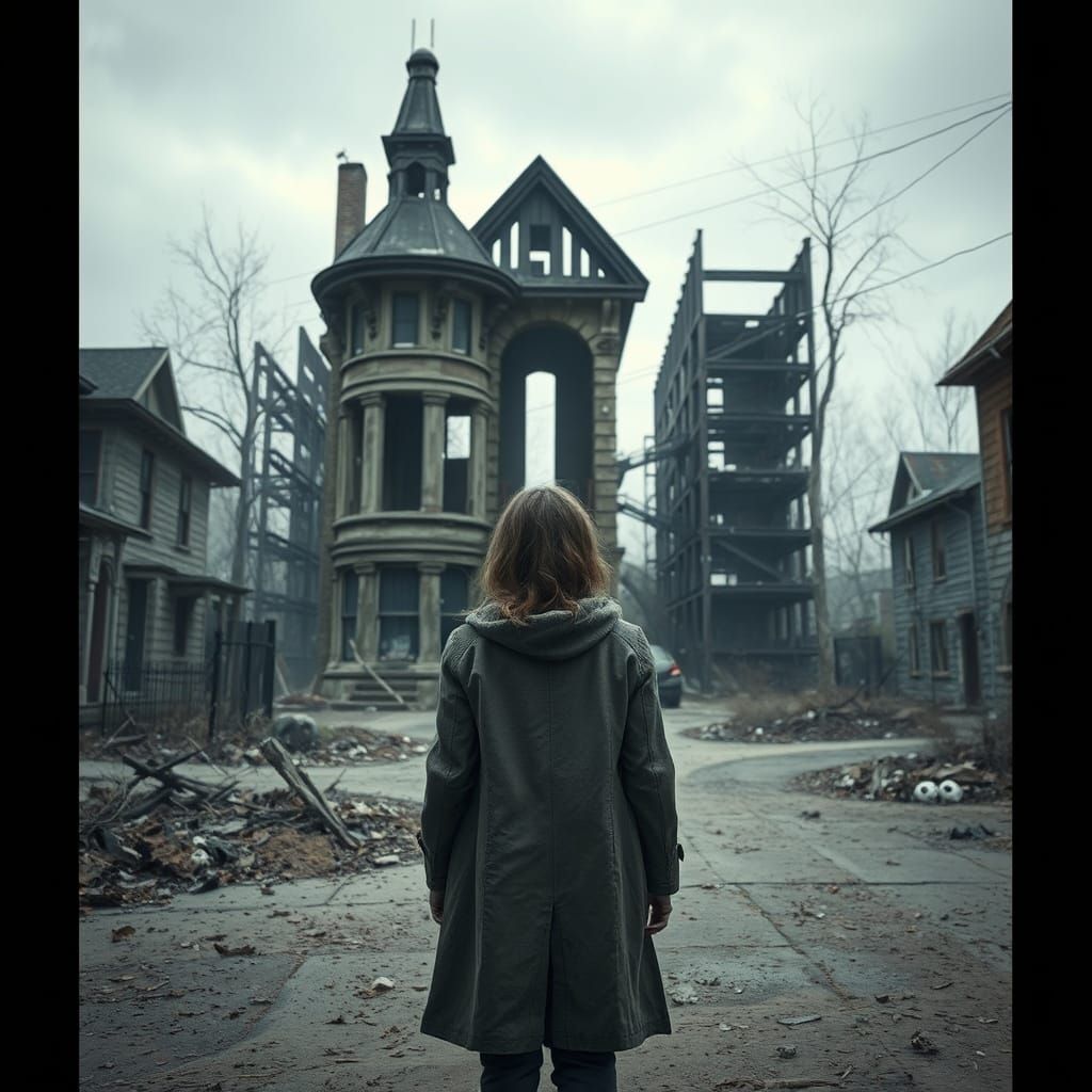 Melancholic Woman in Ruined Neighborhood