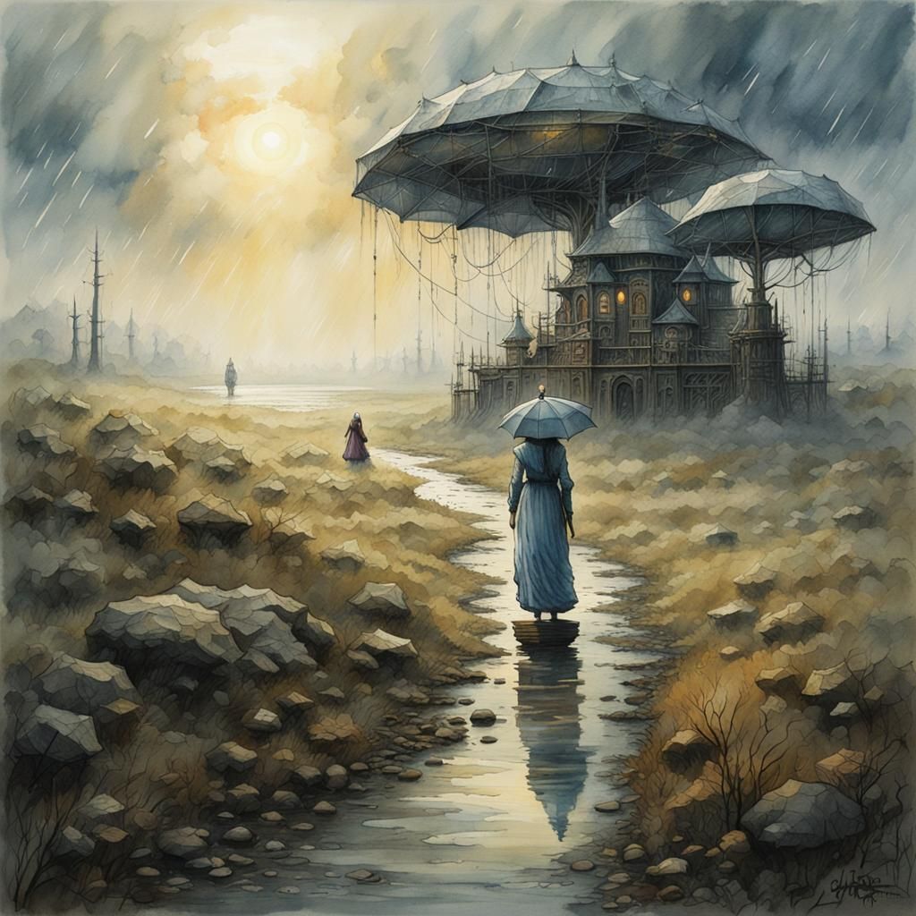 Alien Landscape with Woman in Rain, Surrealist Fantasy