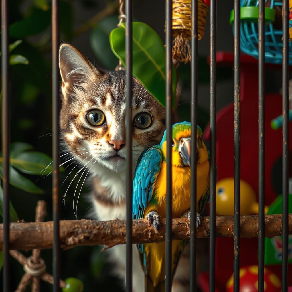 Domestic Cat Inspects Parrot Cage