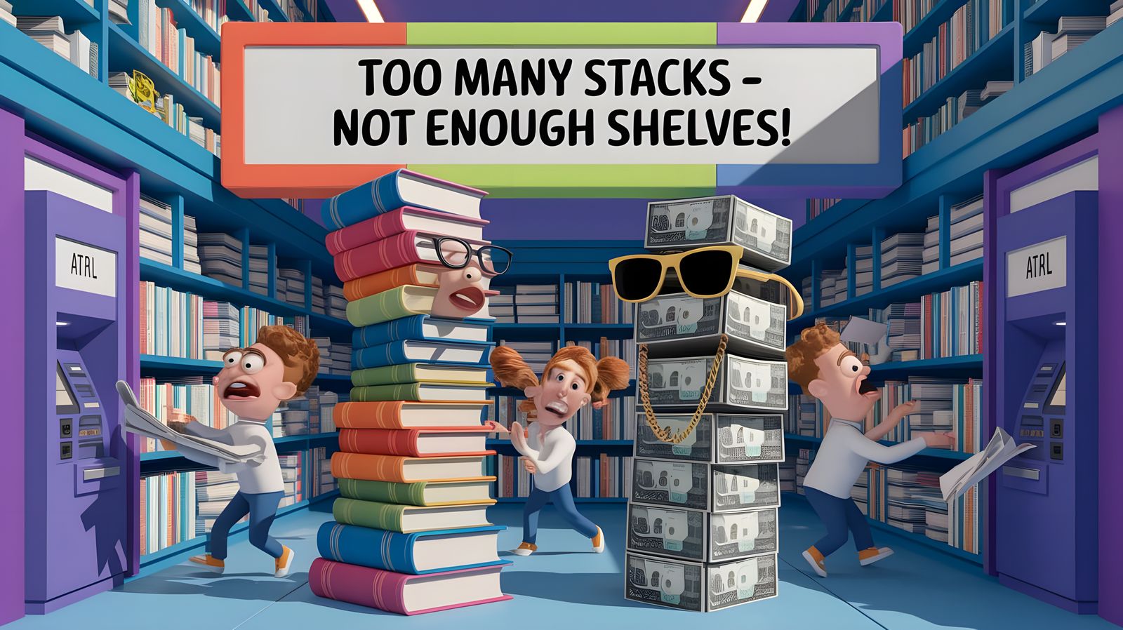 Humorous Library-Bank Argument in Pixar Style