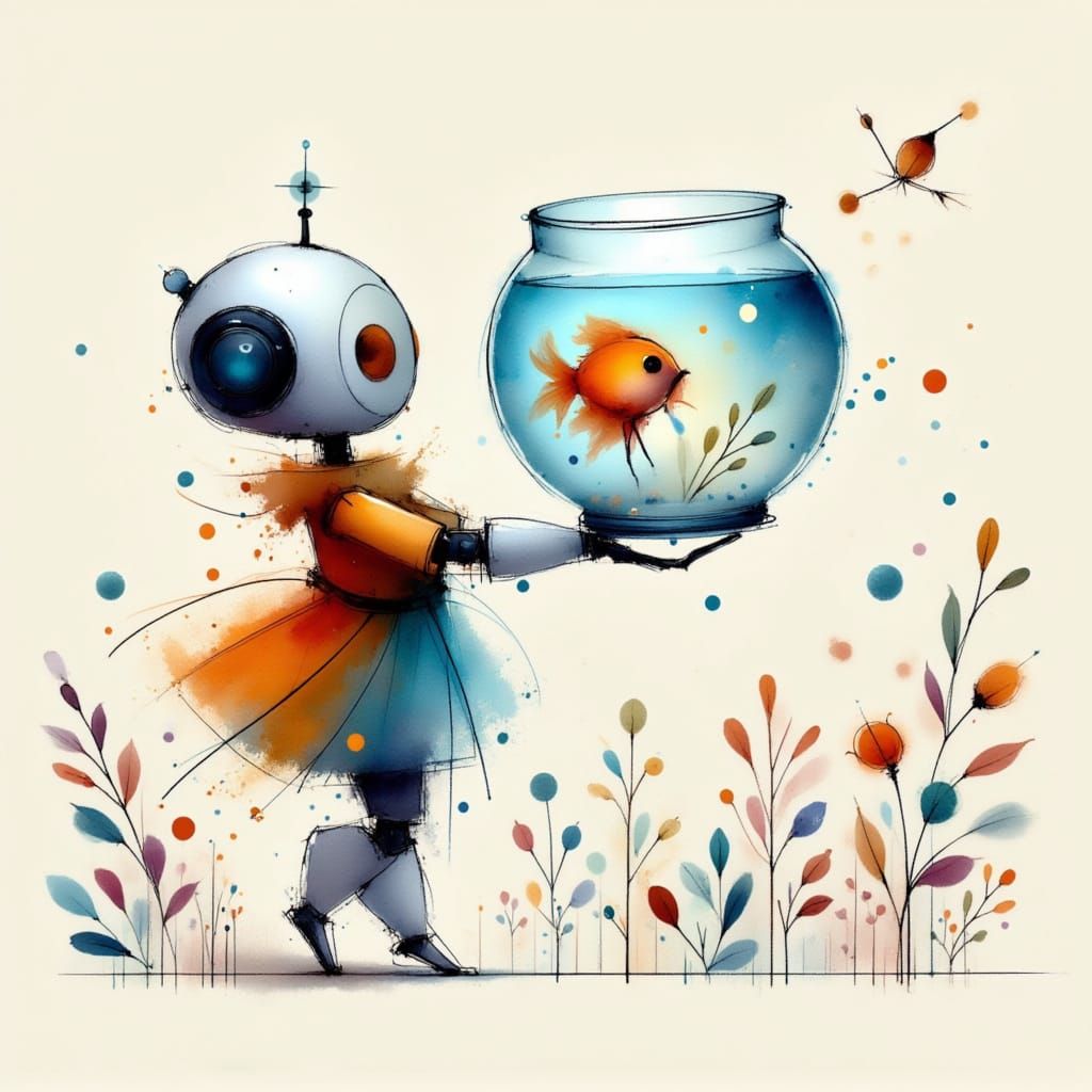 Cute Robot Holding a Fishbowl