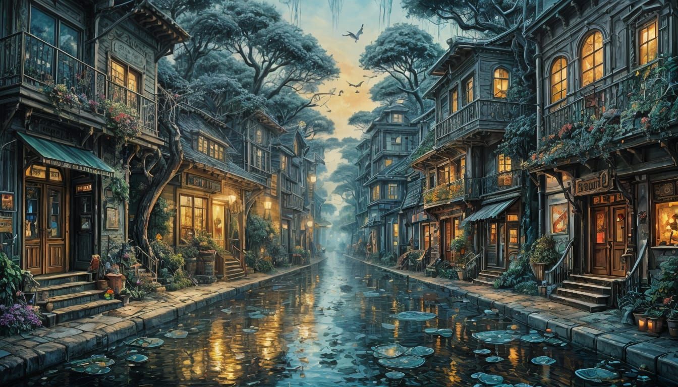 Surreal Street Art Scene in Tim Burton's Style