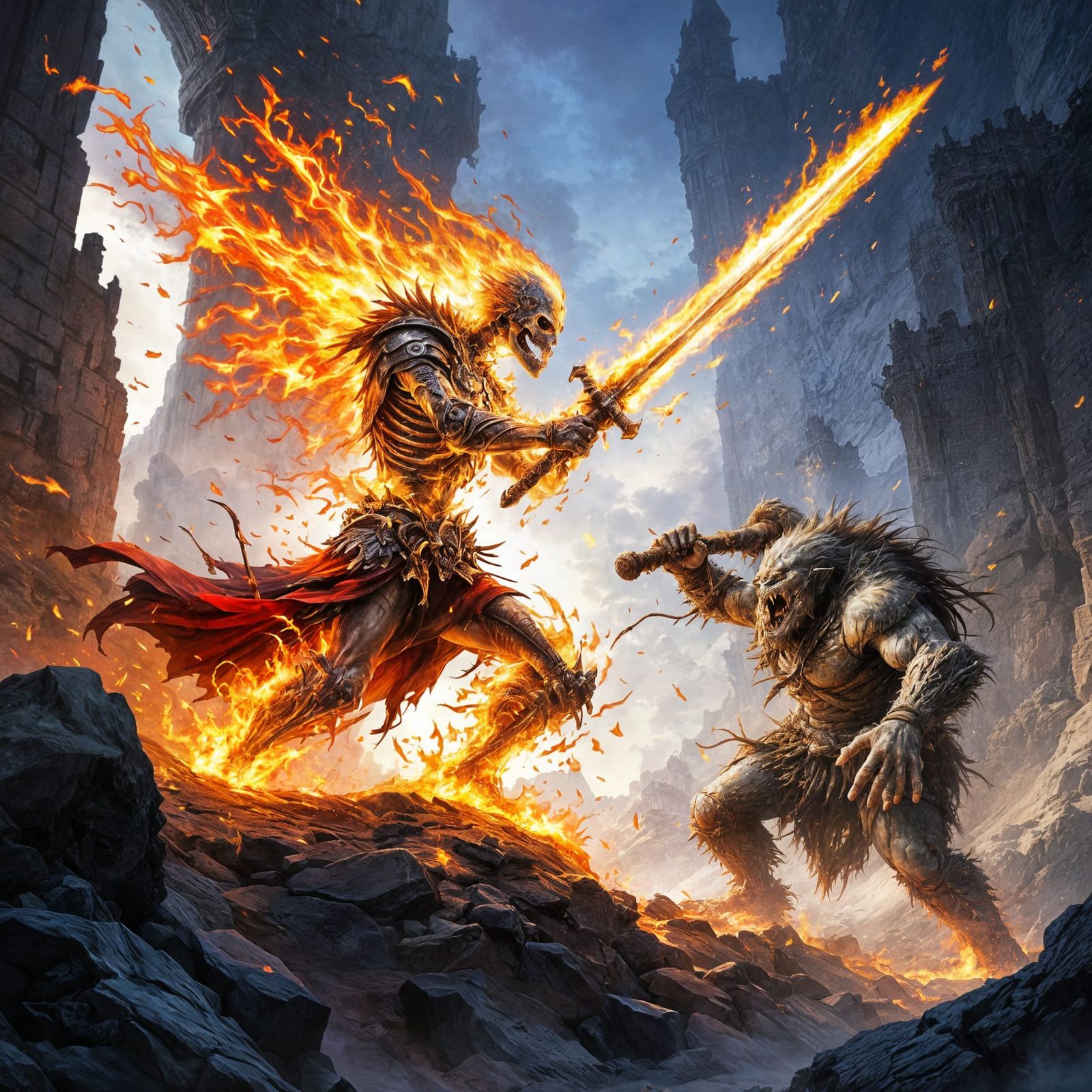 Flaming Skeletal Warrior vs Troll in Fairytale Castle