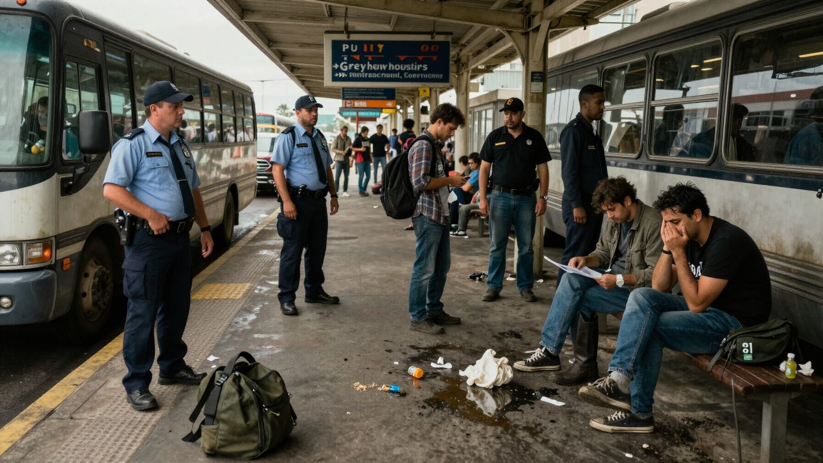 Gritty Greyhound Station Scene with Guards and Passengers