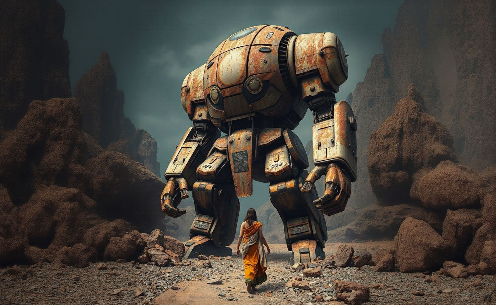 Massive Iron Greek Warrior Towers Over a Small Figure in a H...