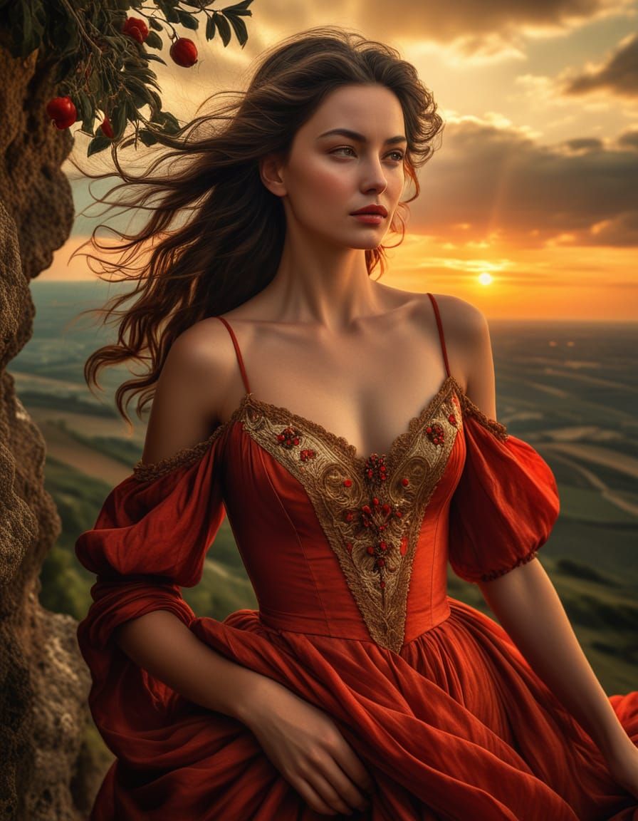 Baroque Woman in Red Gown at Sunset