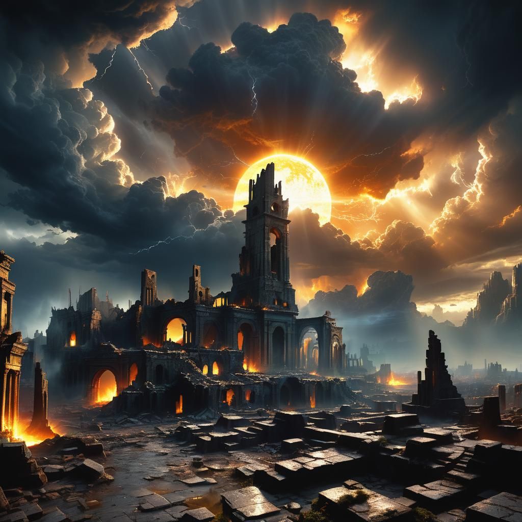 Sun Breaks Through Ruined Cityscape