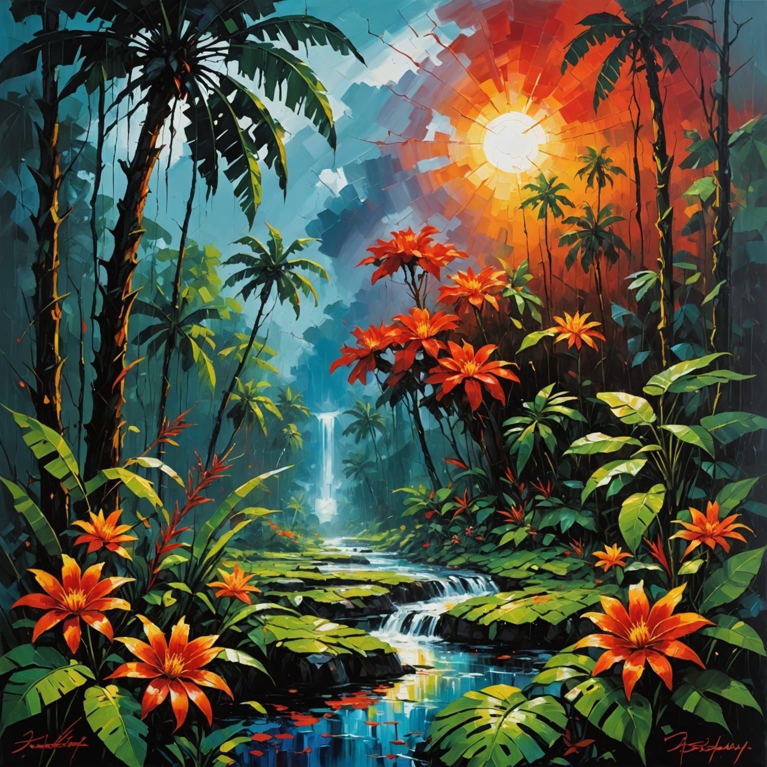 "Josh Adamsky, a downpour in a bright picturesque rainforest, red sun, exotic flowers in the foreground, slanting jets o...