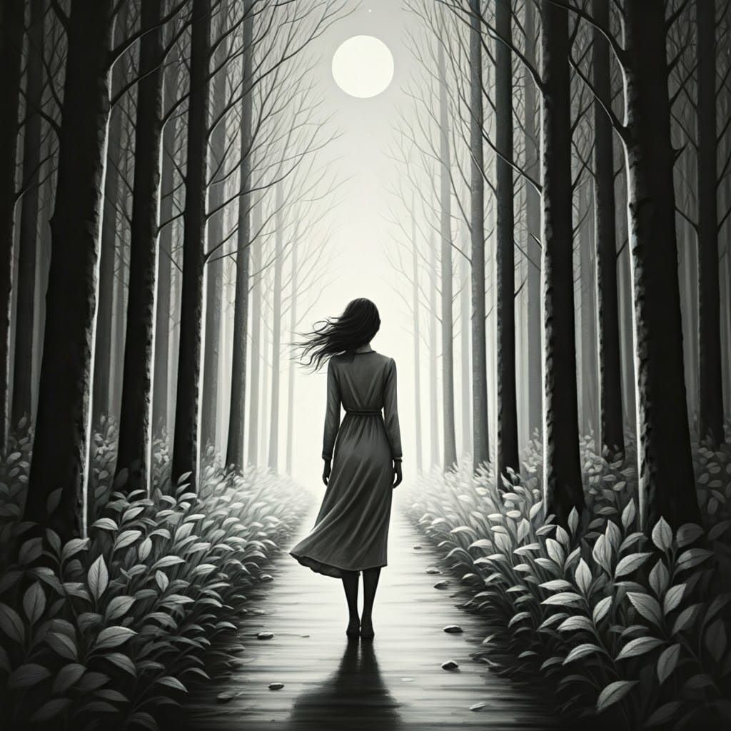 Mystical Forest: Charcoal Drawing of Serene Woman