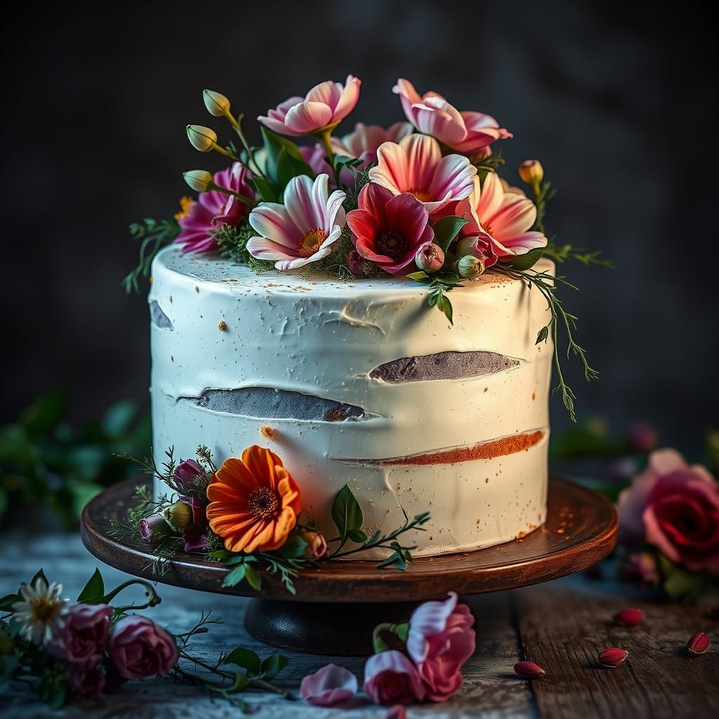 Hyperrealistic Spring Cake in Moody, Cinematic Style