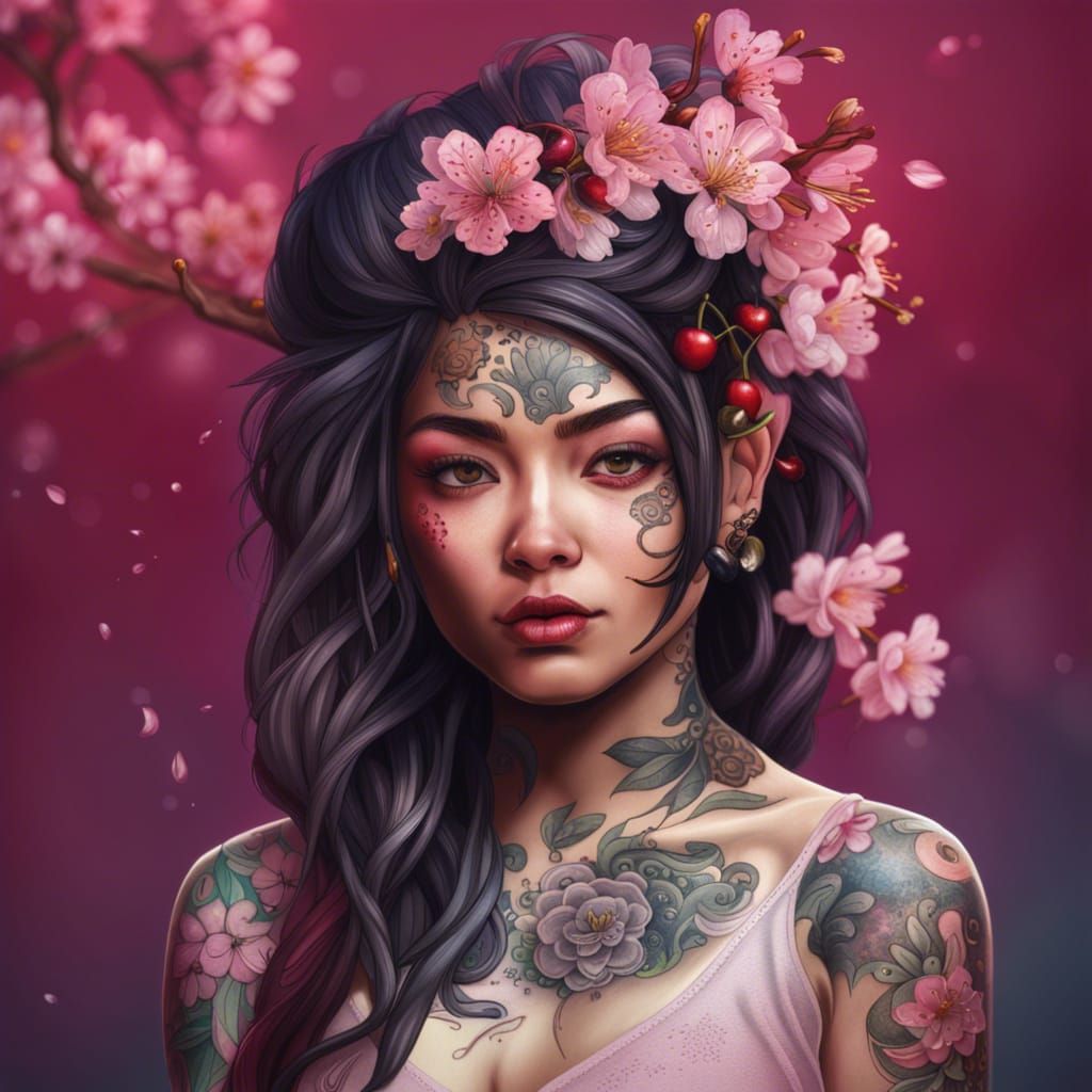 Hyperrealistic Cherry Blossom Geisha with Intricate Tattoos