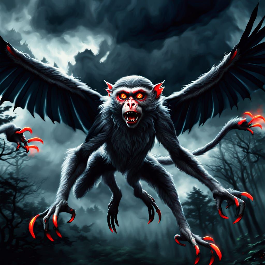 Menacing Flying Monkeys Over Dark Forest