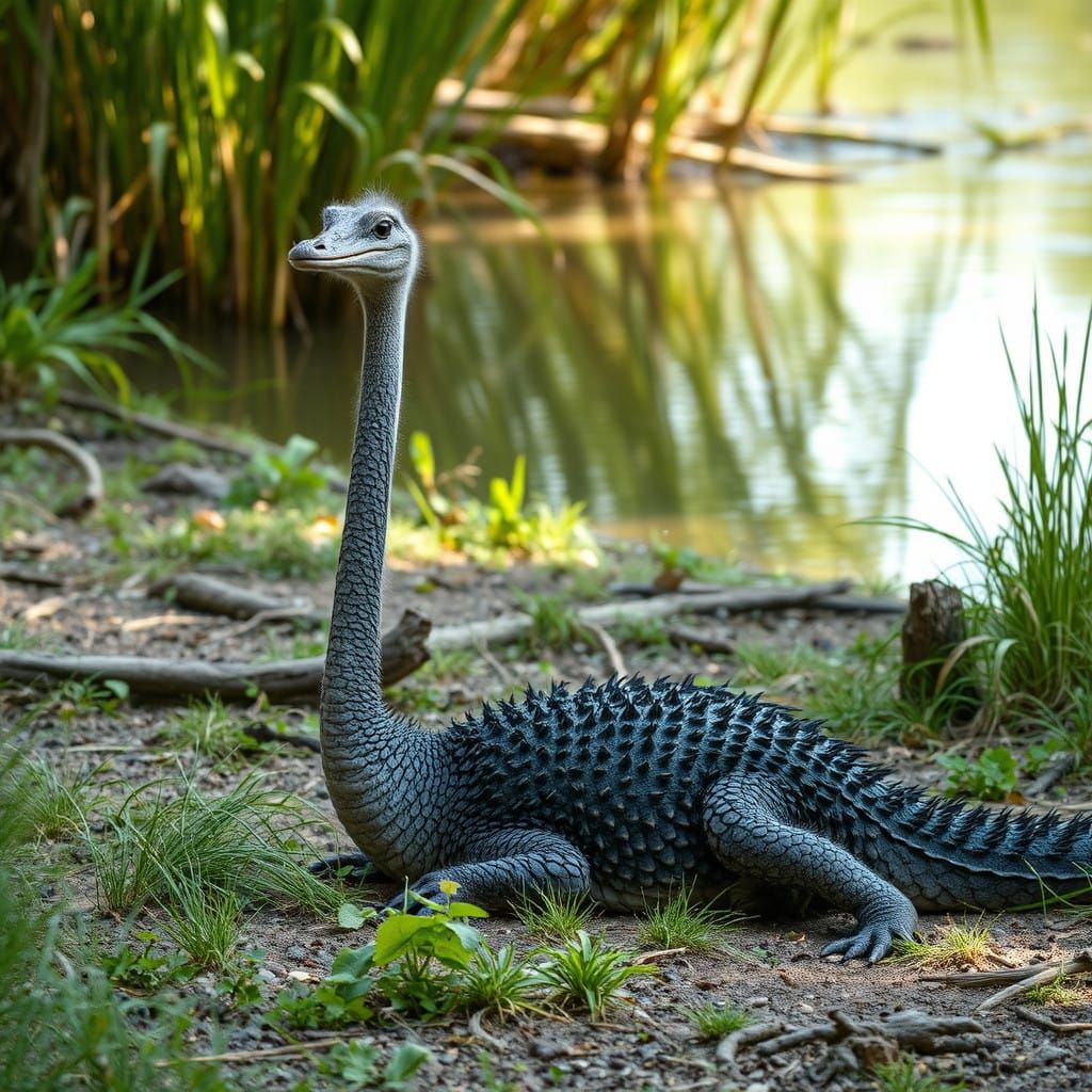 Ostrich-Gator Basks in Its Natural Habitat
