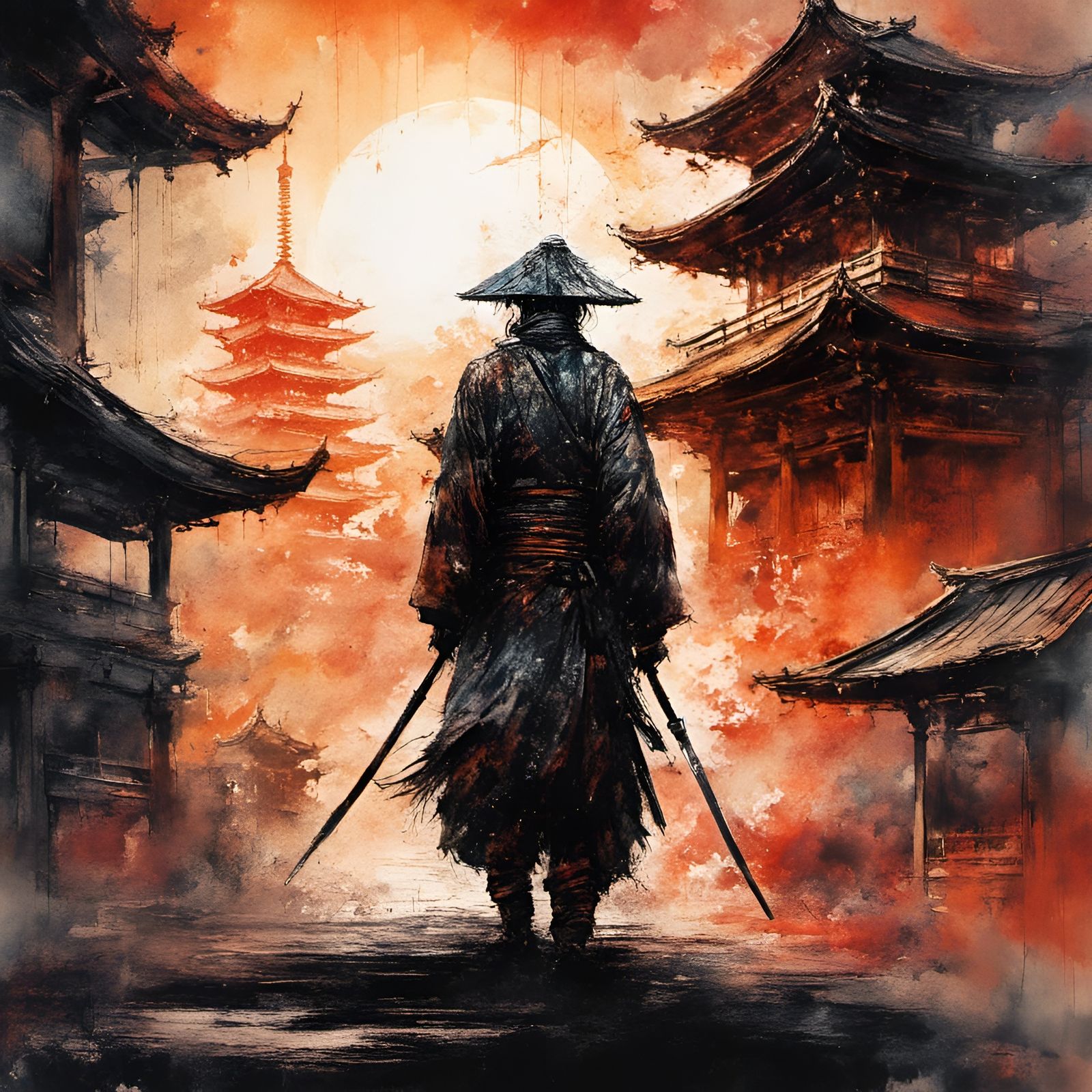 Ronin Samurai Ink Drawing with Pagoda Background