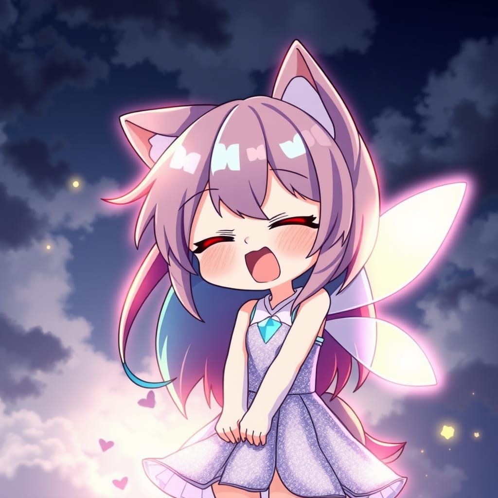 Cute Chibi Catgirl Fairy Yawning in Anime Style