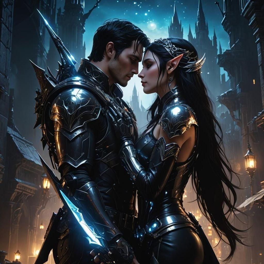 Cyborgs' Loving Embrace in Gothic Cityscape