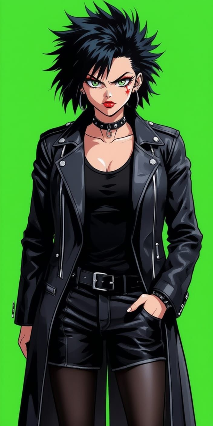 Anime Punk Woman with Death Hawk Haircut on Green Screen