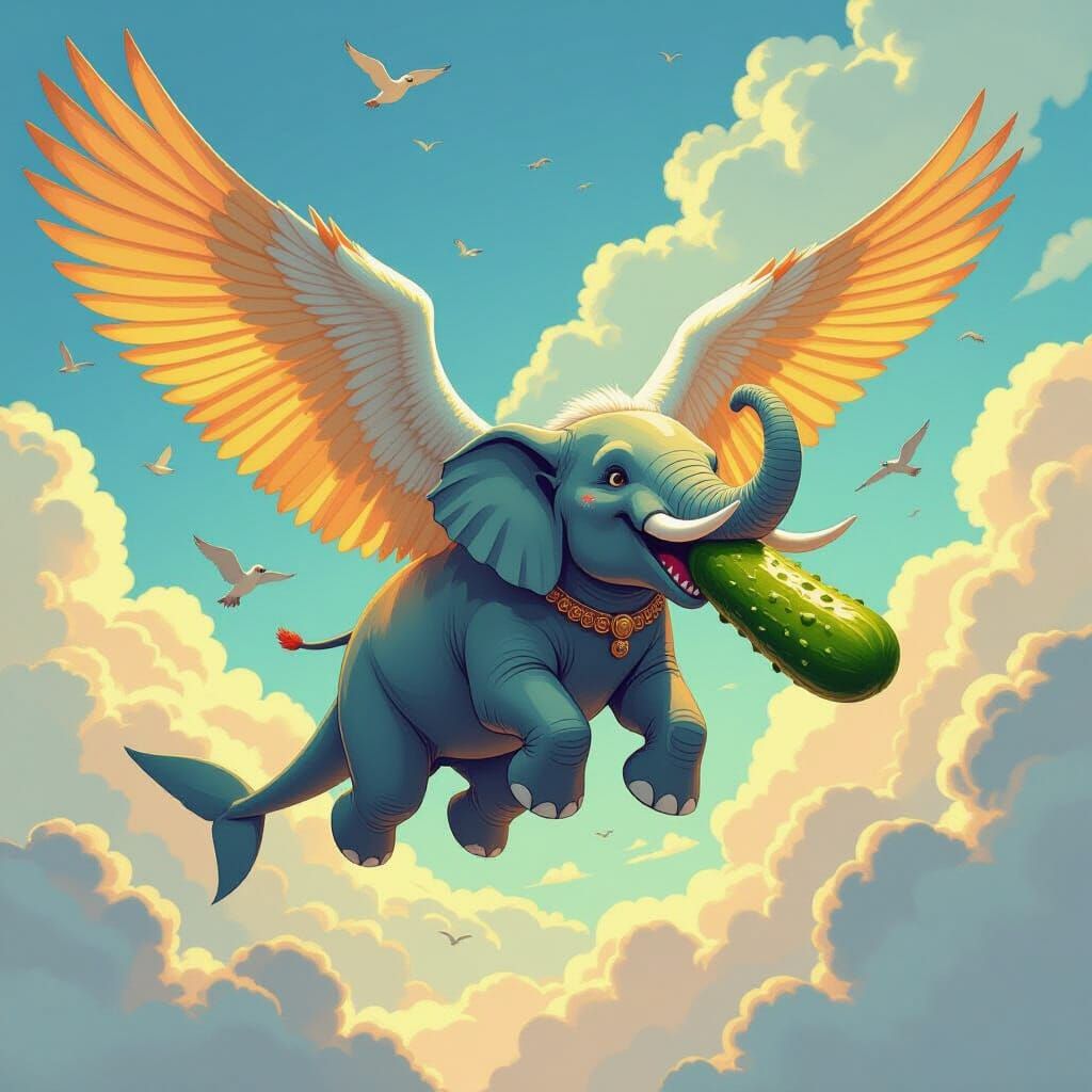 Flying Elephant Eats Pickle: Whimsical Animated Art