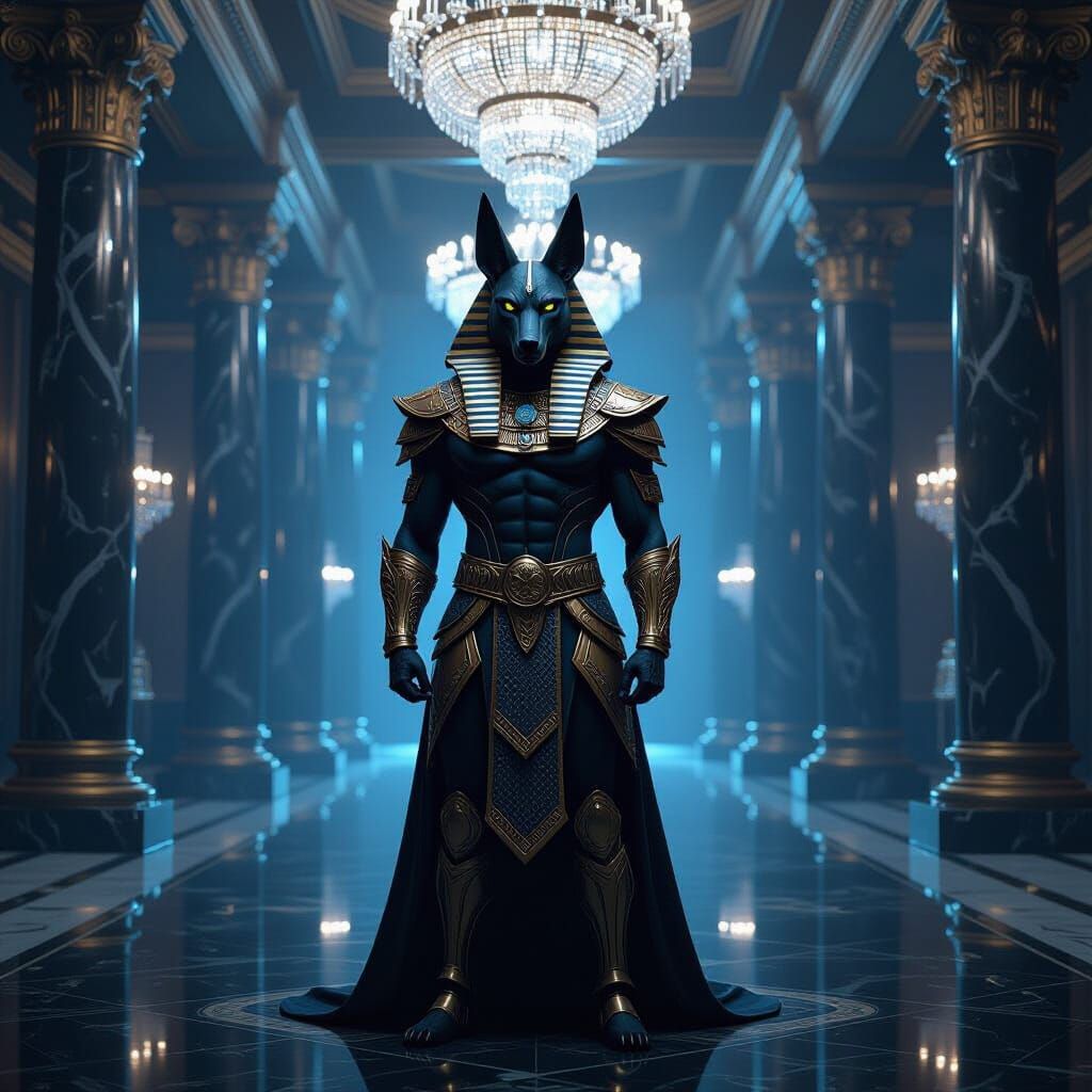 Anubis in Golden Armor in Lavish Hall